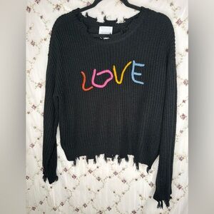 LOVE Distressed Black Knit Sweater with Multicolor Embroidery